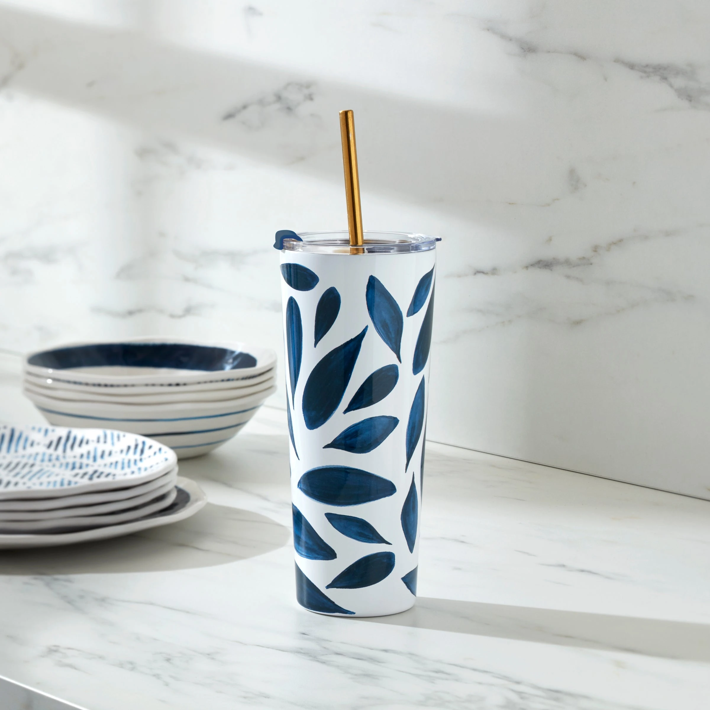 Lenox Blue Bay Leaf Stainless Steel Tumbler With Straw 4 Lenox Blue Bay Leaf Stainless Steel Tumbler With Straw - Image 2