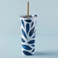Lenox Blue Bay Leaf Stainless Steel Tumbler With Straw