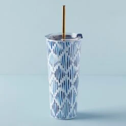 Lenox Blue Bay Ikat Stainless Steel Tumbler With Straw